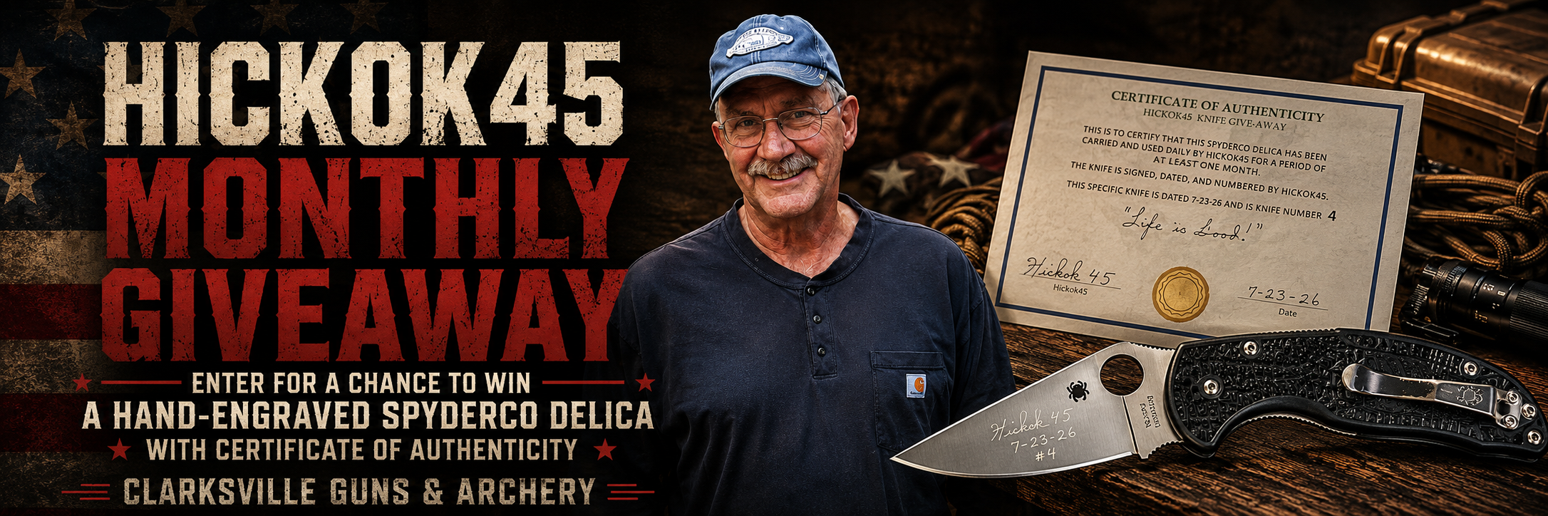 Hickok45 Monthly Giveaway - hand-engraved Spyderco Delica with Certificate of Authenticity